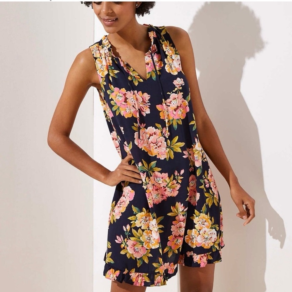 LOFT Navy Blue Floral Sleeveless Dress Ruffle Neck Tie Womens Size Small
